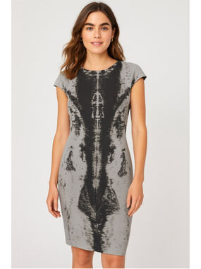Akris Wool Silk Blend Sheath Dress Gray Black Print Designer US 4